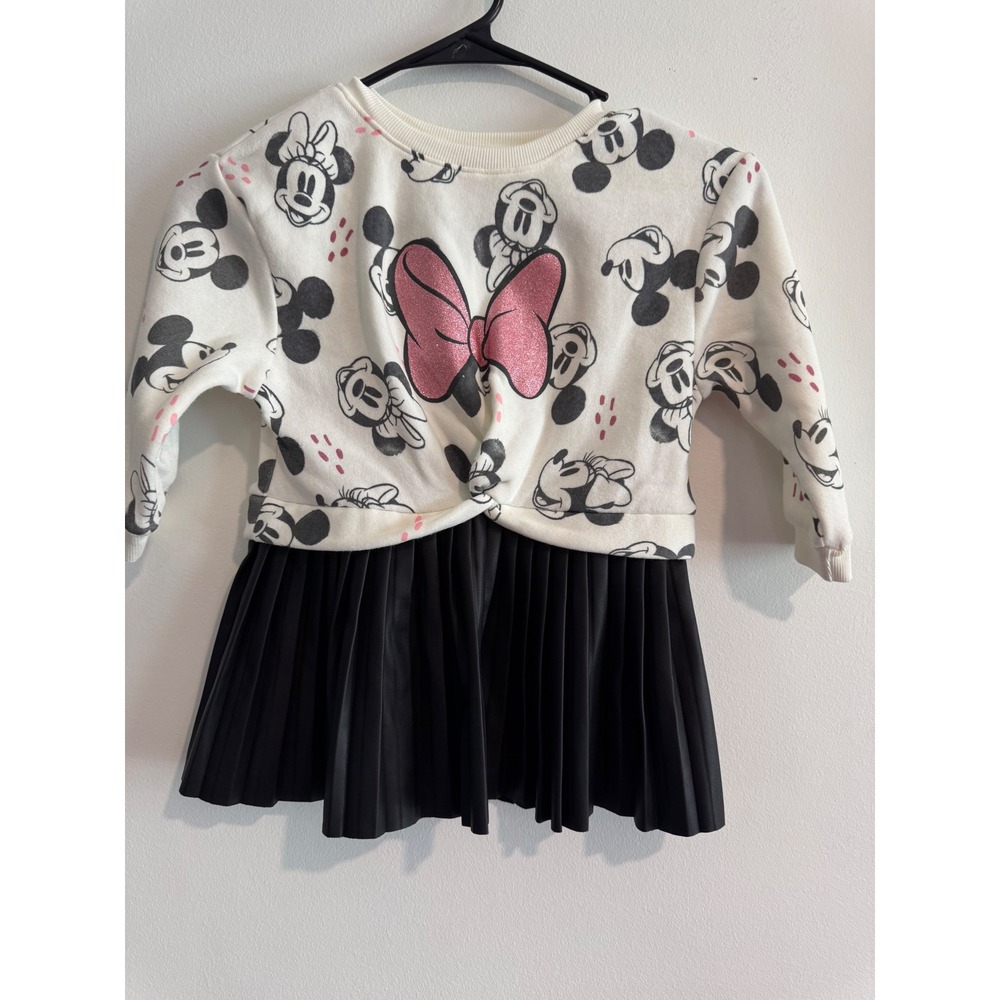 Disney Minnie Mouse Pleated Sweatshirt‎ Dress Kids 2T White Black Glitter Bow